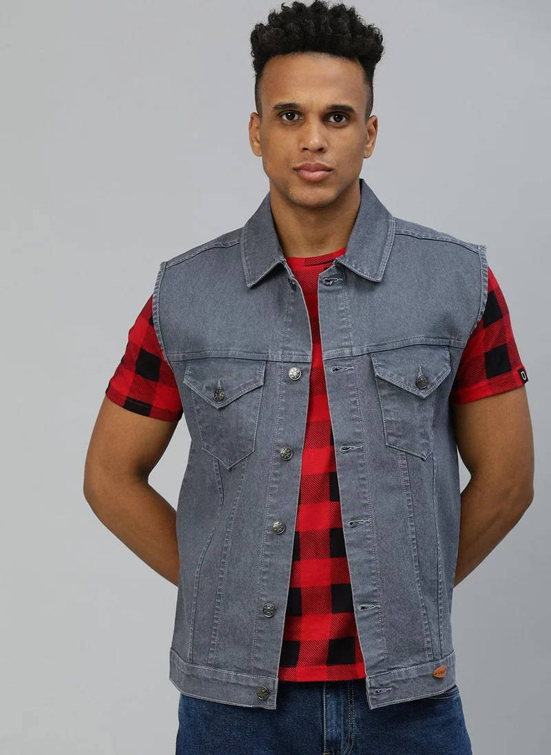 Urbano Fashion Men's Light Grey Regular Fit Washed Sleeveless Denim Jacket